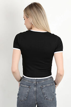 Kadın U Yaka Romantic Nakışlı T-Shirt Siyah - 925054