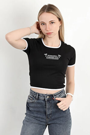Kadın U Yaka Romantic Nakışlı T-Shirt Siyah - 925054