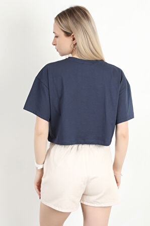 Kadın Bisiklet Yaka Hipan Hipan Baskılı T-Shirt Lacivert - 925041