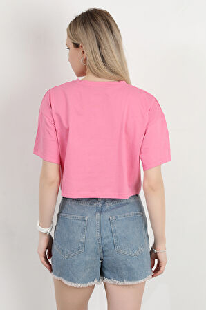 Kadın Bisiklet Yaka Hipan Hipan Baskılı T-Shirt Pembe - 925041