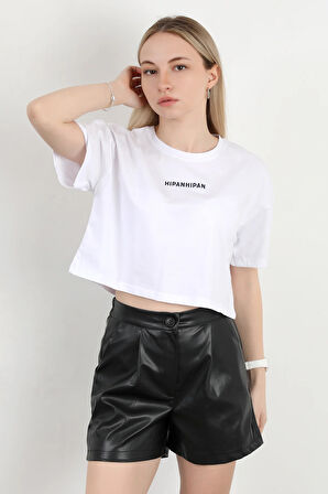 Kadın Bisiklet Yaka Hipan Hipan Baskılı T-Shirt Beyaz - 925041