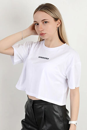 Kadın Bisiklet Yaka Hipan Hipan Baskılı T-Shirt Beyaz - 925041