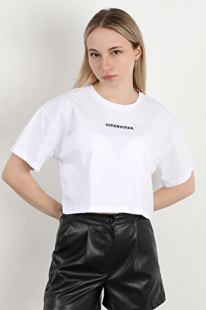 Kadın Bisiklet Yaka Hipan Hipan Baskılı T-Shirt Beyaz - 925041