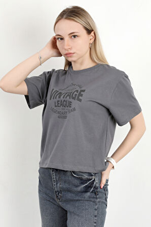 Kadın Bisiklet Yaka Vintage Baskılı T-Shirt Antrasit - 925021