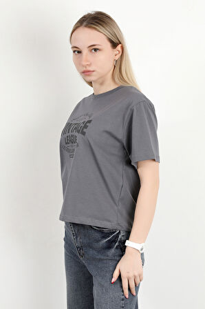 Kadın Bisiklet Yaka Vintage Baskılı T-Shirt Antrasit - 925021