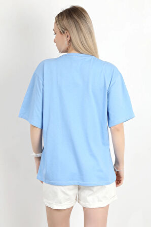 Kadın Bisiklet Yaka California Baskılı T-Shirt Mavi - 925012