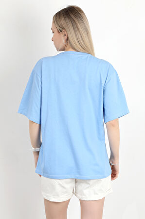 Kadın Bisiklet Yaka California Baskılı T-Shirt Mavi - 925012