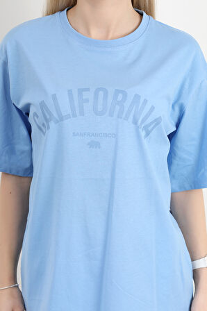 Kadın Bisiklet Yaka California Baskılı T-Shirt Mavi - 925012
