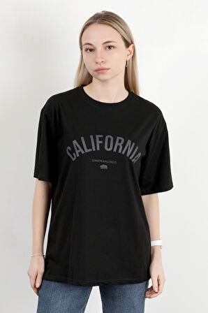 Kadın Bisiklet Yaka California Baskılı T-Shirt Siyah - 925012