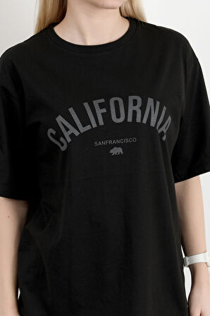 Kadın Bisiklet Yaka California Baskılı T-Shirt Siyah - 925012