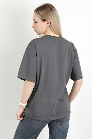 Kadın Bisiklet Yaka California Baskılı T-Shirt Antrasit - 925012