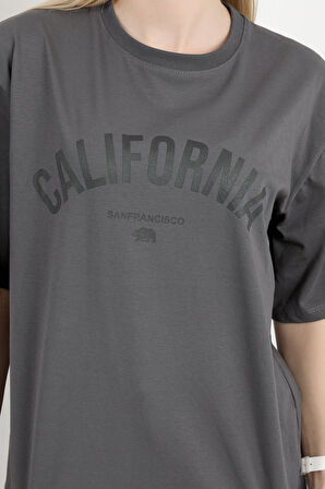 Kadın Bisiklet Yaka California Baskılı T-Shirt Antrasit - 925012