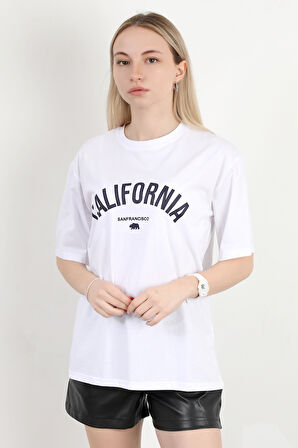 Kadın Bisiklet Yaka California Baskılı T-Shirt Beyaz - 925012