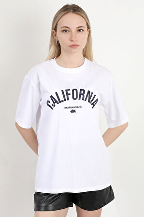 Kadın Bisiklet Yaka California Baskılı T-Shirt Beyaz - 925012