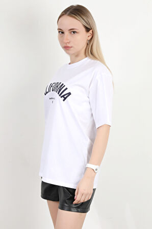 Kadın Bisiklet Yaka California Baskılı T-Shirt Beyaz - 925012