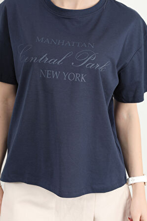 Kadın Bisiklet Yaka Central Park Baskılı T-Shirt Lacivert - 925031