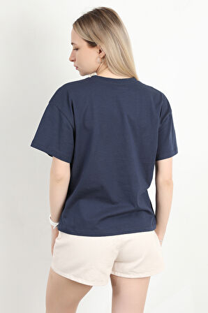 Kadın Bisiklet Yaka Central Park Baskılı T-Shirt Lacivert - 925031