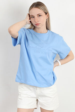 Kadın Bisiklet Yaka Central Park Baskılı T-Shirt Mavi - 925031