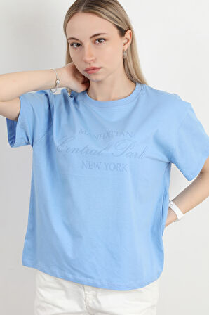 Kadın Bisiklet Yaka Central Park Baskılı T-Shirt Mavi - 925031