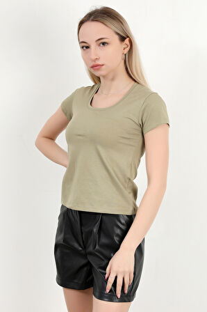 Kadın Kare Yaka Slim Fit Basic T-Shirt Haki - 925062