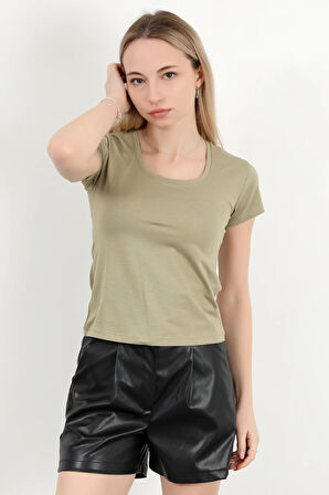 Kadın Kare Yaka Slim Fit Basic T-Shirt Haki - 925062