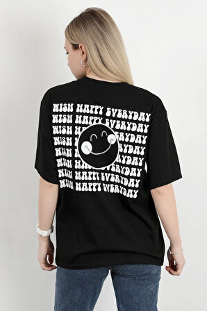 Kadın Bisiklet Yaka Sırtı Happy Baskılı T-Shirt Siyah - 925013