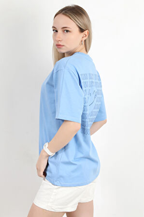 Kadın Bisiklet Yaka Sırtı Happy Baskılı T-Shirt Mavi - 925013