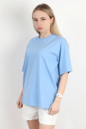 Kadın Bisiklet Yaka Sırtı Happy Baskılı T-Shirt Mavi - 925013