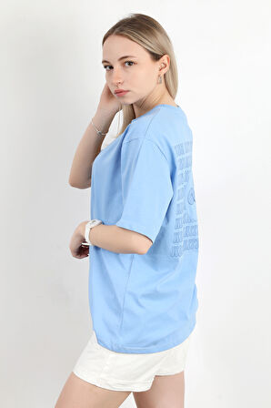 Kadın Bisiklet Yaka Sırtı Happy Baskılı T-Shirt Mavi - 925013