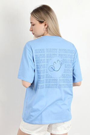 Kadın Bisiklet Yaka Sırtı Happy Baskılı T-Shirt Mavi - 925013