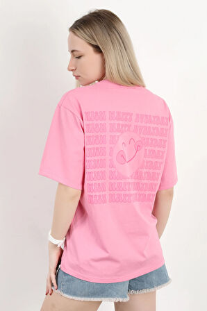 Kadın Bisiklet Yaka Sırtı Happy Baskılı T-Shirt Pembe - 925013