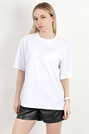 Kadın Bisiklet Yaka Sırtı Happy Baskılı T-Shirt Beyaz - 925013