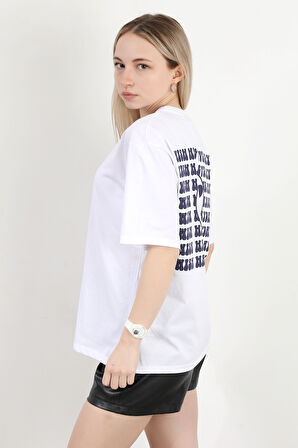 Kadın Bisiklet Yaka Sırtı Happy Baskılı T-Shirt Beyaz - 925013