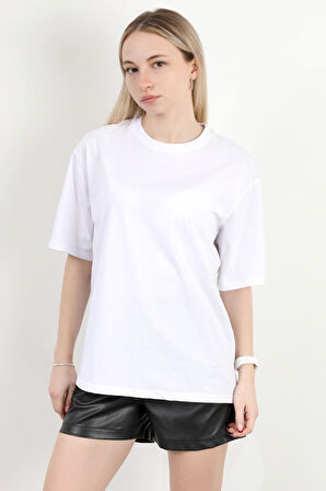 Kadın Bisiklet Yaka Sırtı Happy Baskılı T-Shirt Beyaz - 925013