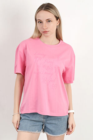 Kadın Bisiklet Yaka Baskılı Pamuklu T-Shirt Pembe - 925033