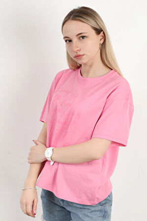 Kadın Bisiklet Yaka Baskılı Pamuklu T-Shirt Pembe - 925033