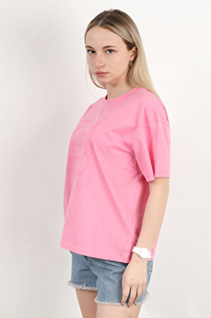 Kadın Bisiklet Yaka Baskılı Pamuklu T-Shirt Pembe - 925033