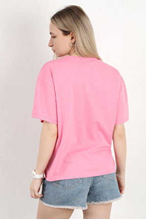 Kadın Bisiklet Yaka Baskılı Pamuklu T-Shirt Pembe - 925033