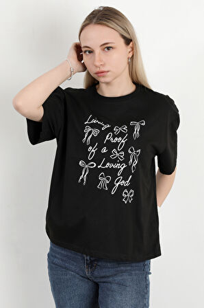 Kadın Bisiklet Yaka Baskılı Pamuklu T-Shirt Siyah - 925033