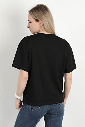 Kadın Bisiklet Yaka Baskılı Pamuklu T-Shirt Siyah - 925033