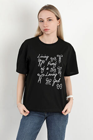 Kadın Bisiklet Yaka Baskılı Pamuklu T-Shirt Siyah - 925033