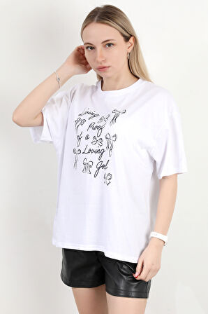 Kadın Bisiklet Yaka Baskılı Pamuklu T-Shirt Beyaz - 925033