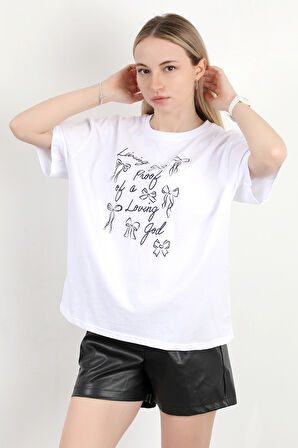 Kadın Bisiklet Yaka Baskılı Pamuklu T-Shirt Beyaz - 925033