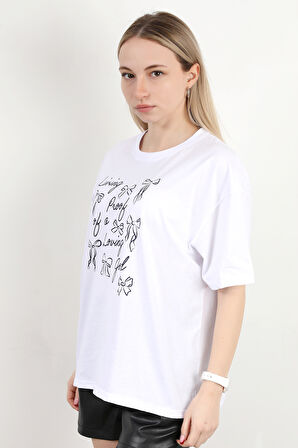 Kadın Bisiklet Yaka Baskılı Pamuklu T-Shirt Beyaz - 925033