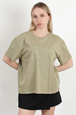 Kadın Bisiklet Yaka Baskılı Pamuklu T-Shirt Haki - 925033