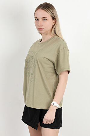 Kadın Bisiklet Yaka Baskılı Pamuklu T-Shirt Haki - 925033
