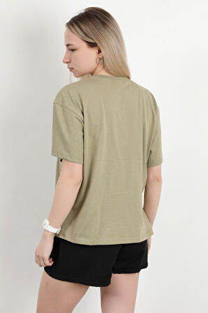 Kadın Bisiklet Yaka Baskılı Pamuklu T-Shirt Haki - 925033