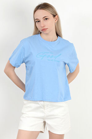 Kadın Bisiklet Yaka Yazı Baskılı Pamuklu T-Shirt Mavi - 925020