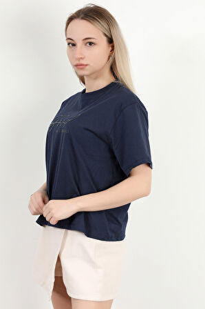 Kadın Bisiklet Yaka Yazı Baskılı Pamuklu T-Shirt Lacivert - 925020
