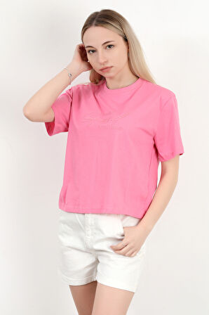 Kadın Bisiklet Yaka Yazı Baskılı Pamuklu T-Shirt Pembe - 925020